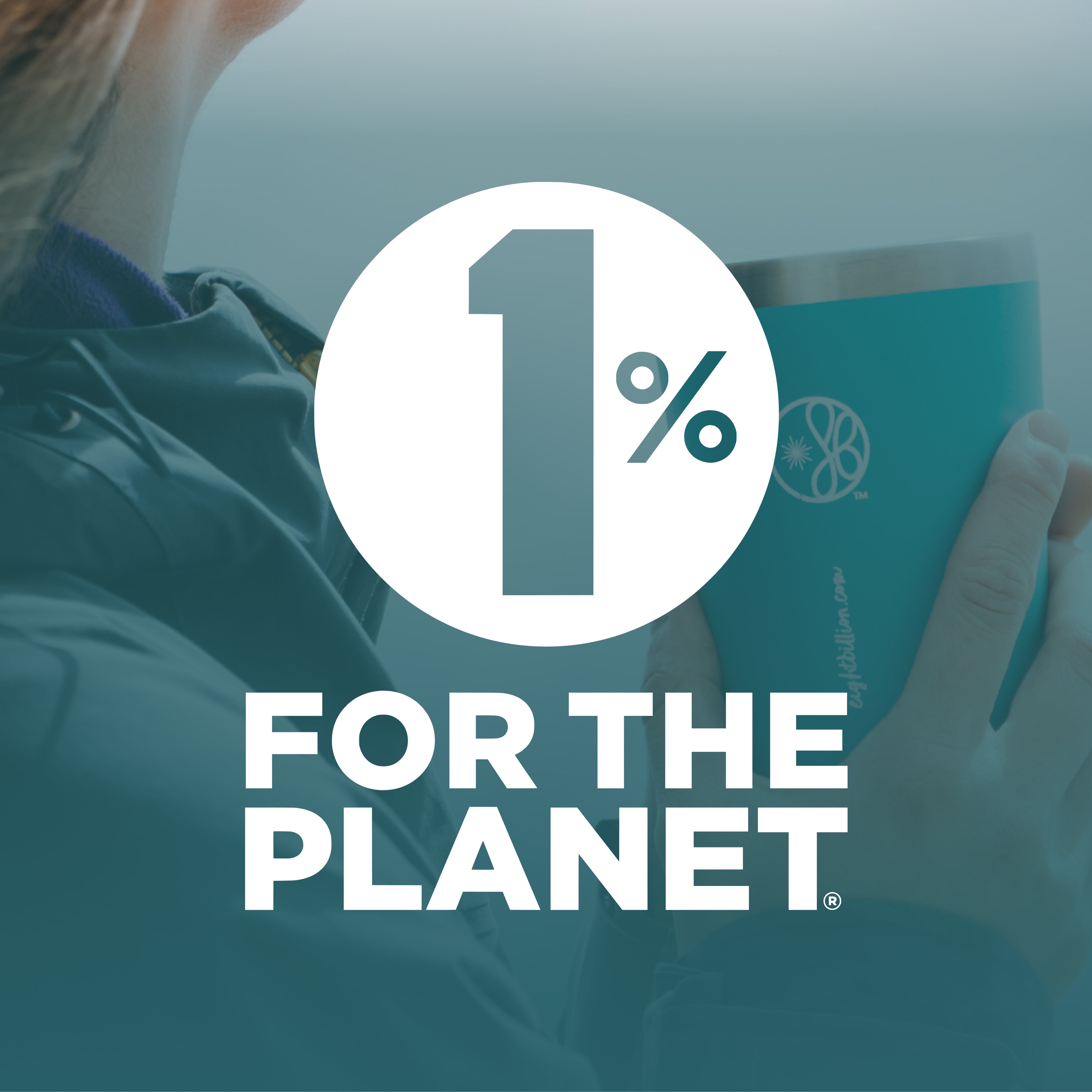 Close-up of person holding a teal Eight Billion tumbler beside the 1% for the Planet logo. Ethical adaptogenic coffee brand that donates 1% of all sales to environmental causes—supporting sustainable impact through every sip
