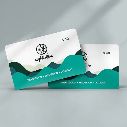 EightBillion $40 eco-friendly gift card featuring the brand’s ‘Drink Good • Feel Good • Do Good’ slogan. Perfect for gifting mushroom coffee lovers and supporting a sustainable lifestyle