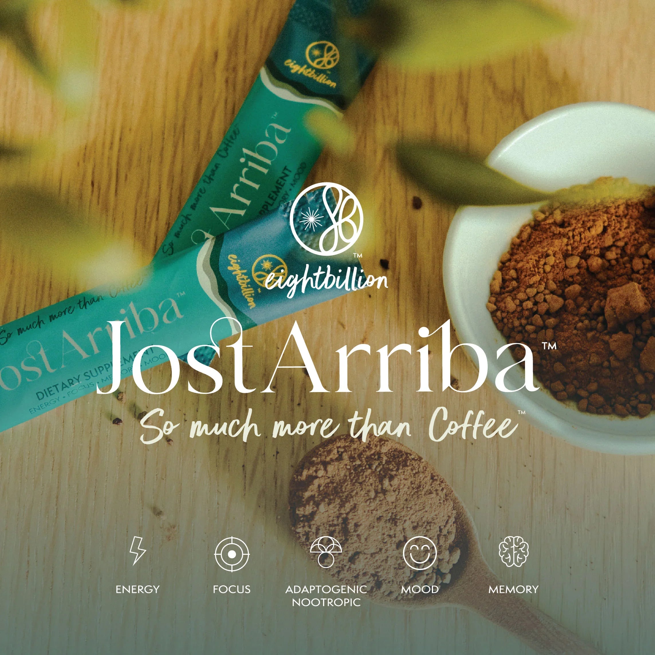 Close-up of JostArriba sachets and functional mushroom powder on a wooden surface. Adaptogenic coffee alternative by Eight Billion offering benefits for energy, focus, mood, memory, and cognitive performance. Plant-based nootropic drink made with lion’s mane, reishi, and ashwagandha.