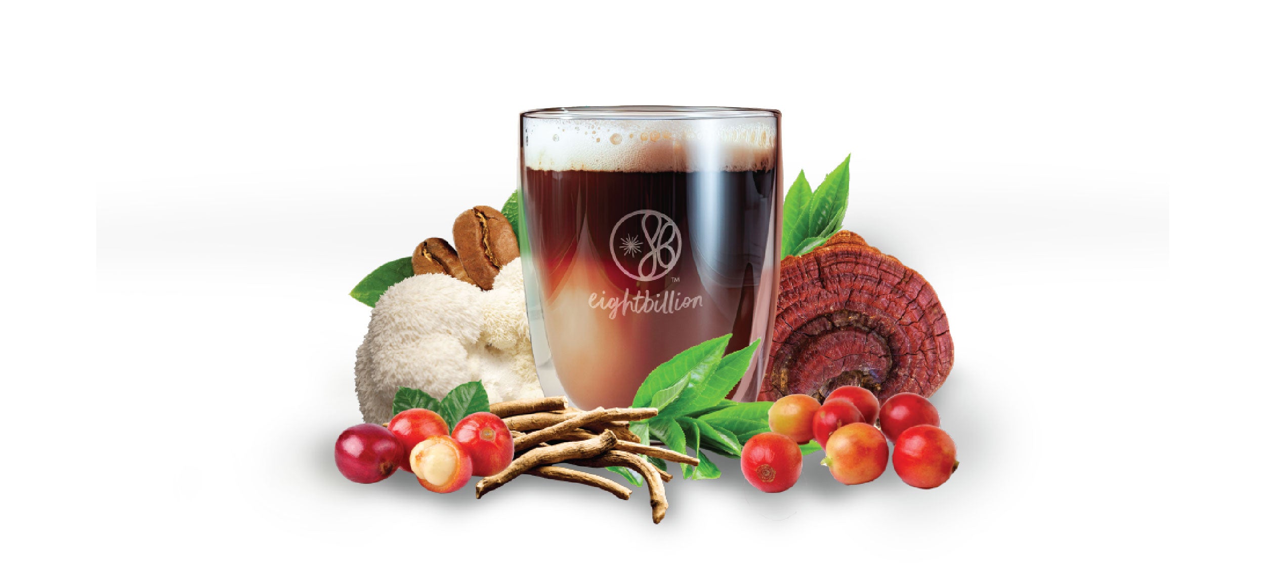 Glass of EightBillion JostArriba coffee infused with organic Lion’s Mane, Reishi mushroom, Ashwagandha, and coffee berry extract. A brain-boosting superfood coffee blend crafted for focus, memory, and energy