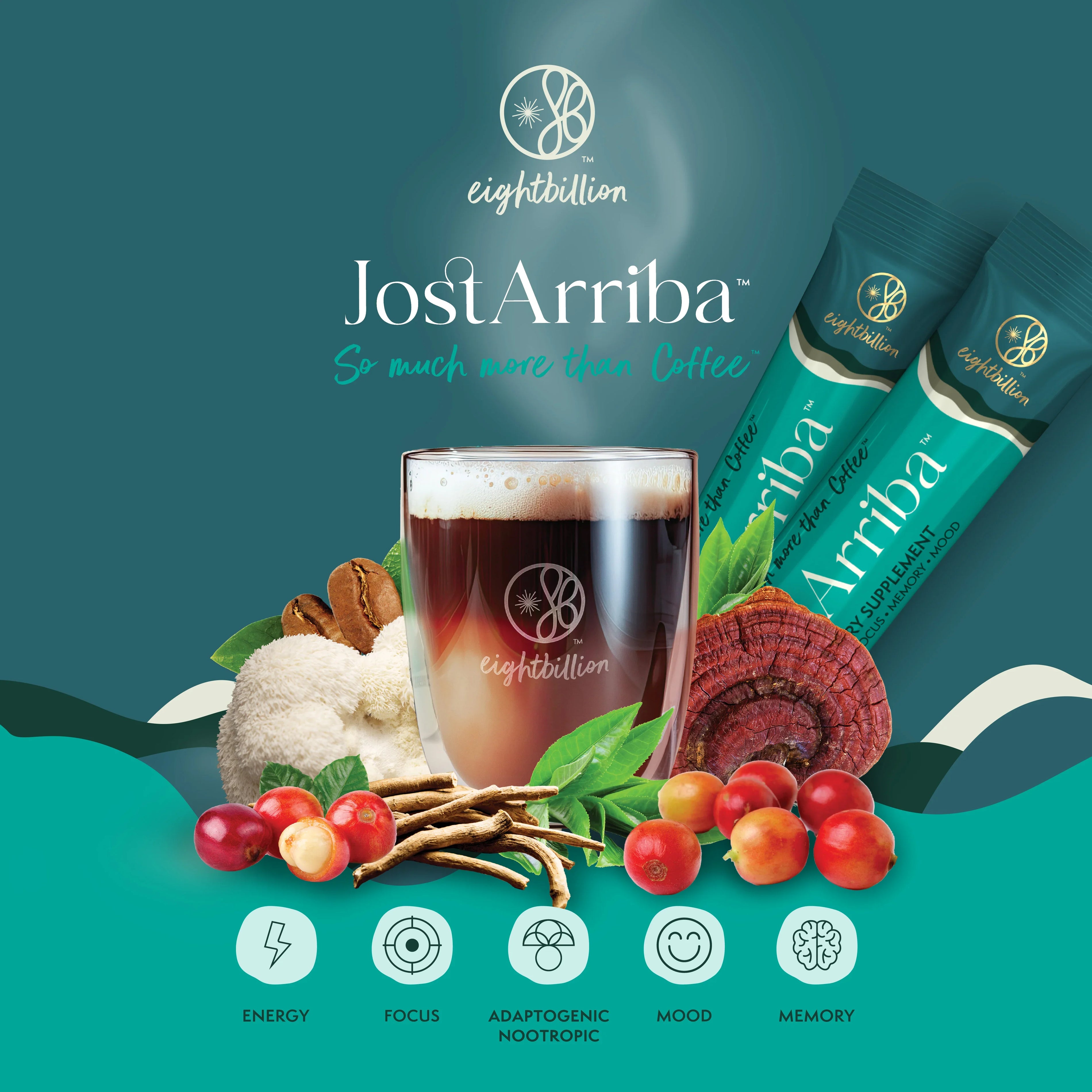JostArriba by Eight Billion – an adaptogenic coffee alternative with functional mushrooms like lion’s mane and reishi, ashwagandha root, and coffee fruit. This nootropic drink supports energy, focus, mood, and memory—plant-based brain-boosting supplement