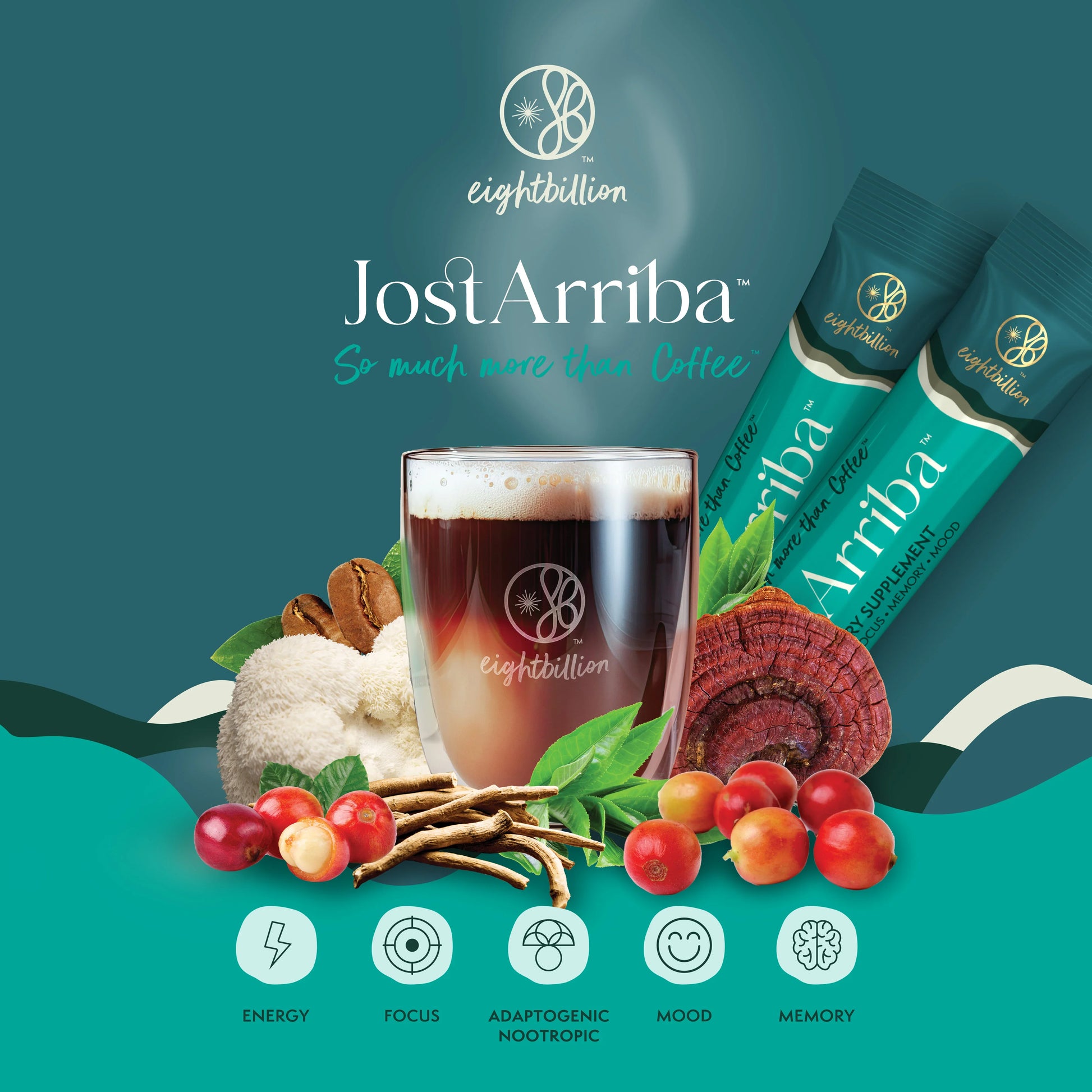JostArriba by Eight Billion – an adaptogenic coffee alternative with functional mushrooms like lion’s mane and reishi, ashwagandha root, and coffee fruit. This nootropic drink supports energy, focus, mood, and memory—plant-based brain-boosting supplement