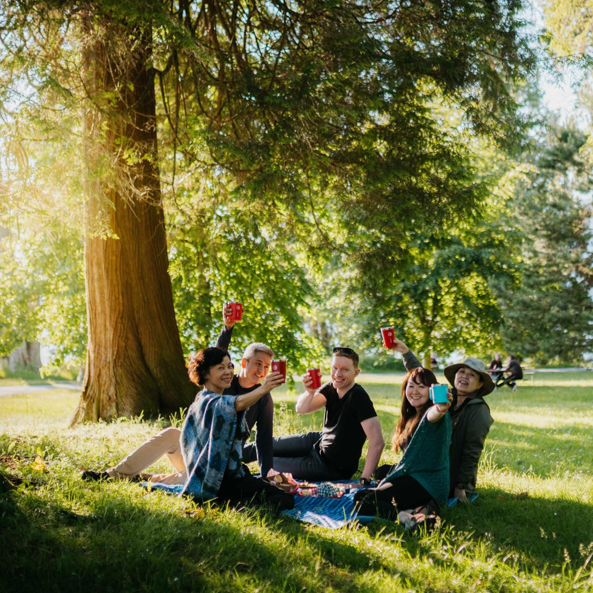 Group of friends enjoying Eight Billion mushroom coffee outdoors, raising cups together in a park picnic setting under the sun