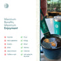 Comparison chart showing JostArriba’s adaptogenic coffee benefits versus common supplement downsides. Highlights: no insomnia, jitters, or caffeine crash—just focus, energy, calmness, and anti-aging brain support. Image shows powder being poured into a hot drink with a branded Eight Billion tumbler in the background.