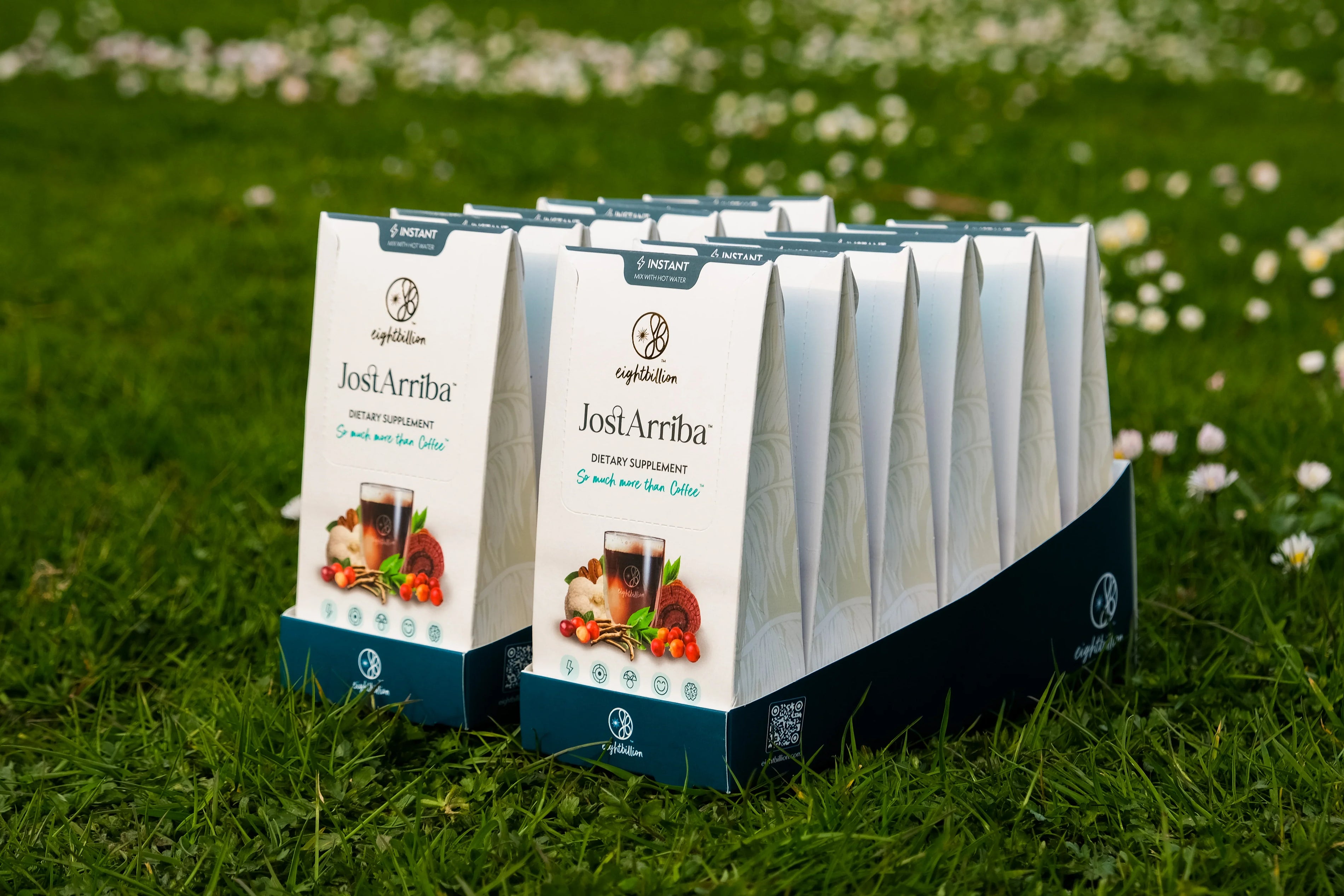Wholesale pack of JostArriba brain boosting coffee boxes displayed on grass. A bulk mushroom coffee alternative with adaptogens and nootropics, ideal for retailers and distributors focused on brain health and mood support.