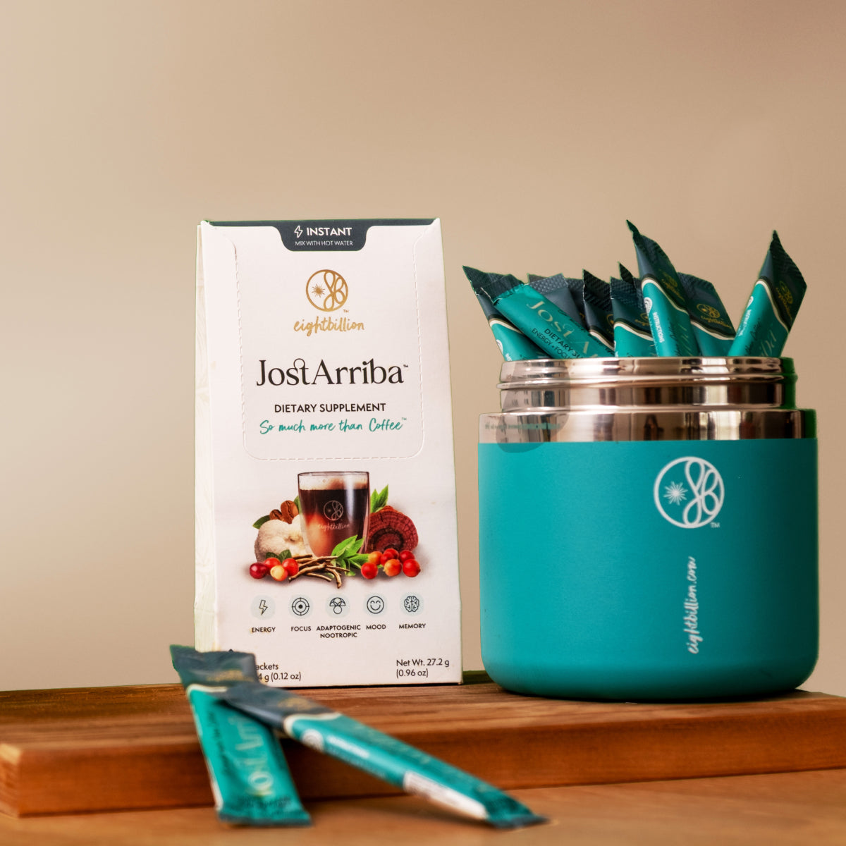JostArriba brain and mood boosting beverage in triangle box with 8 single servings. A functional coffee alternative with adaptogens and nootropics for focus, energy, and stress relief. Made with organic mushroom extracts, ashwagandha, coffee berry, and L-theanine.