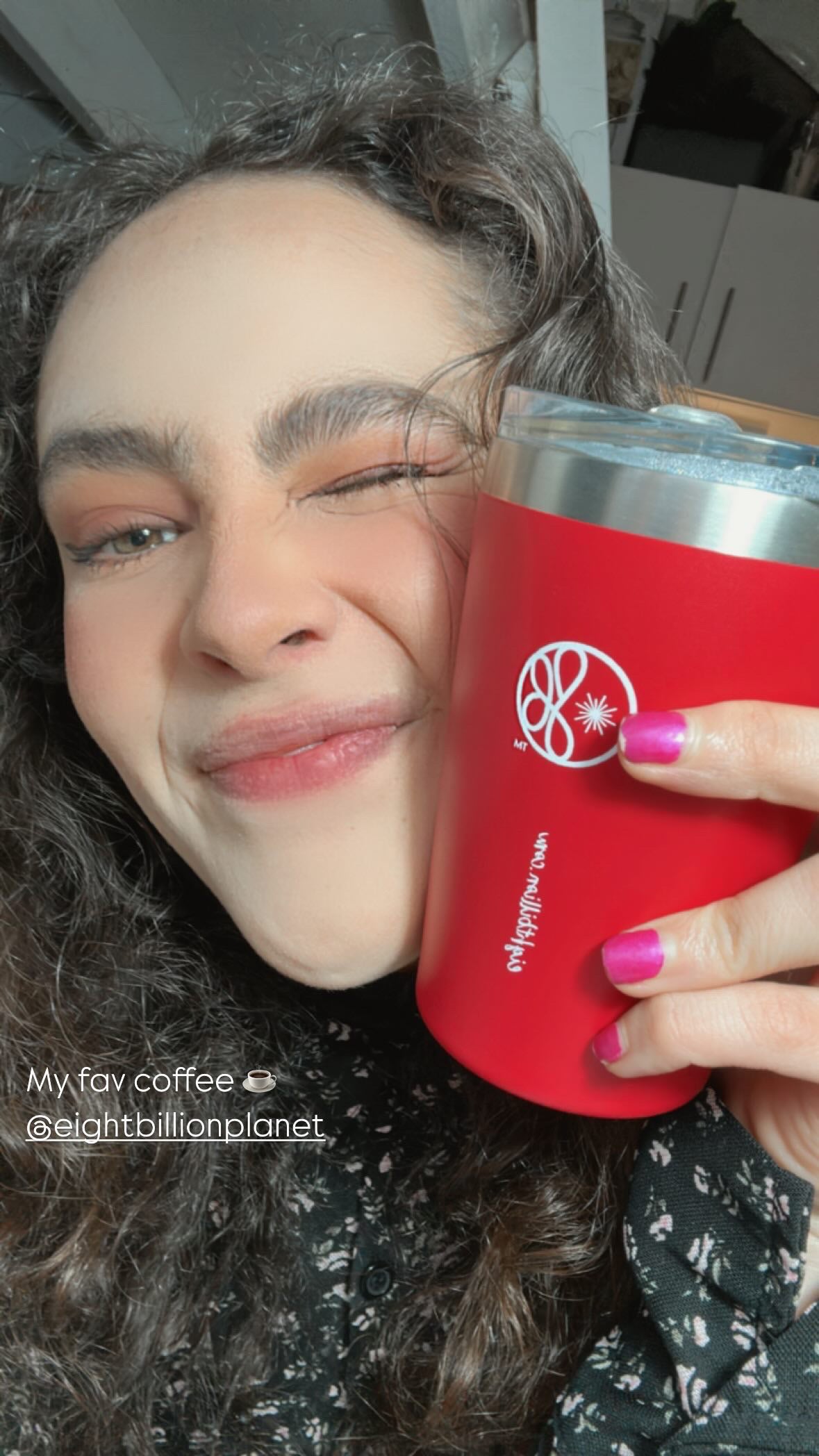 Happy customer holding a red Eight Billion JostArriba tumbler with the caption ‘My fav coffee ☕️ @eightbillionplanet.’ Adaptogenic mushroom coffee alternative featuring lion’s mane, reishi, and ashwagandha—loved for focus, energy, and mood support