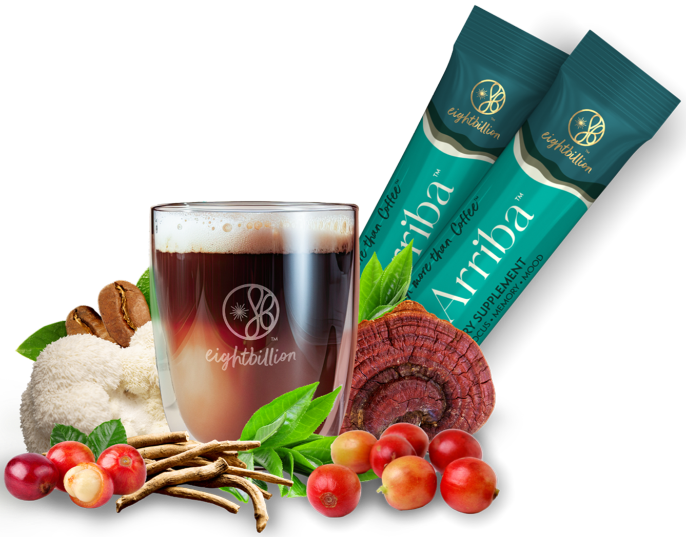 Eight Billion JostArriba adaptogenic coffee blend with lion’s mane, reishi, ashwagandha, and coffee fruit. Functional mushroom nootropic drink mix in sachets, designed to enhance focus, energy, memory, and mood without caffeine crash.