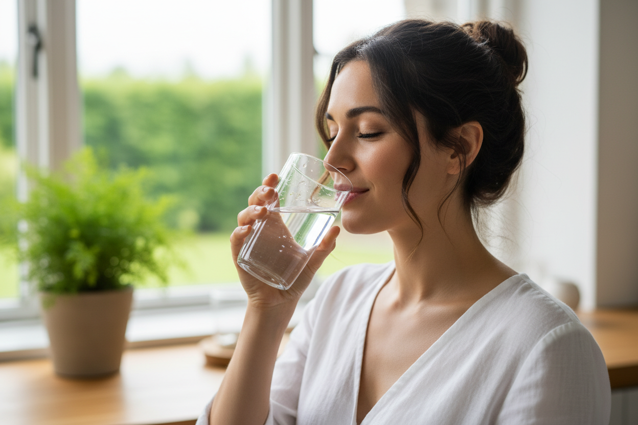 a woman drinking water feeling refreshed